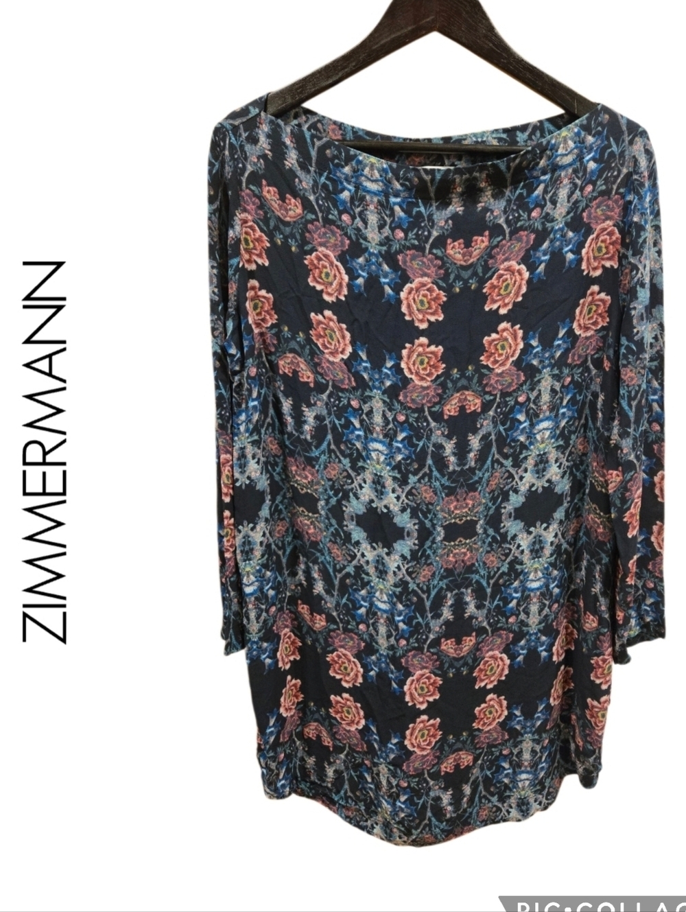 Zimmermann Navy Floral Rayon Dress with Pink Rose Motif